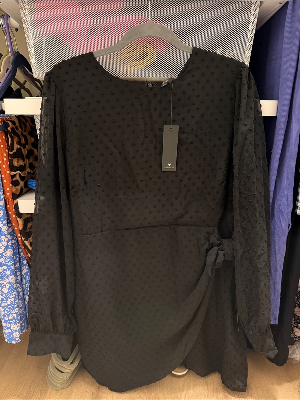 Lulu's Black Swiss Dot Wrap-Detail Long Sleeve Dress